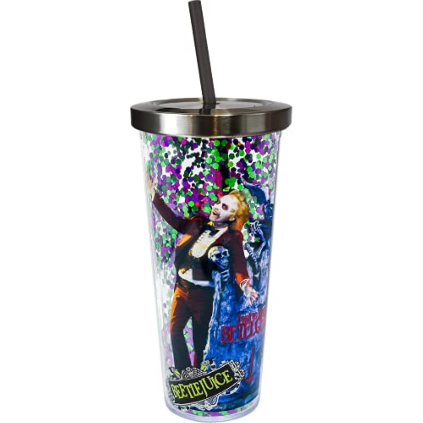 Spoontiques Beetlejuice Double Walled Insulated Acrylic Tumbler Glitter Cup with Straw 20 ounce