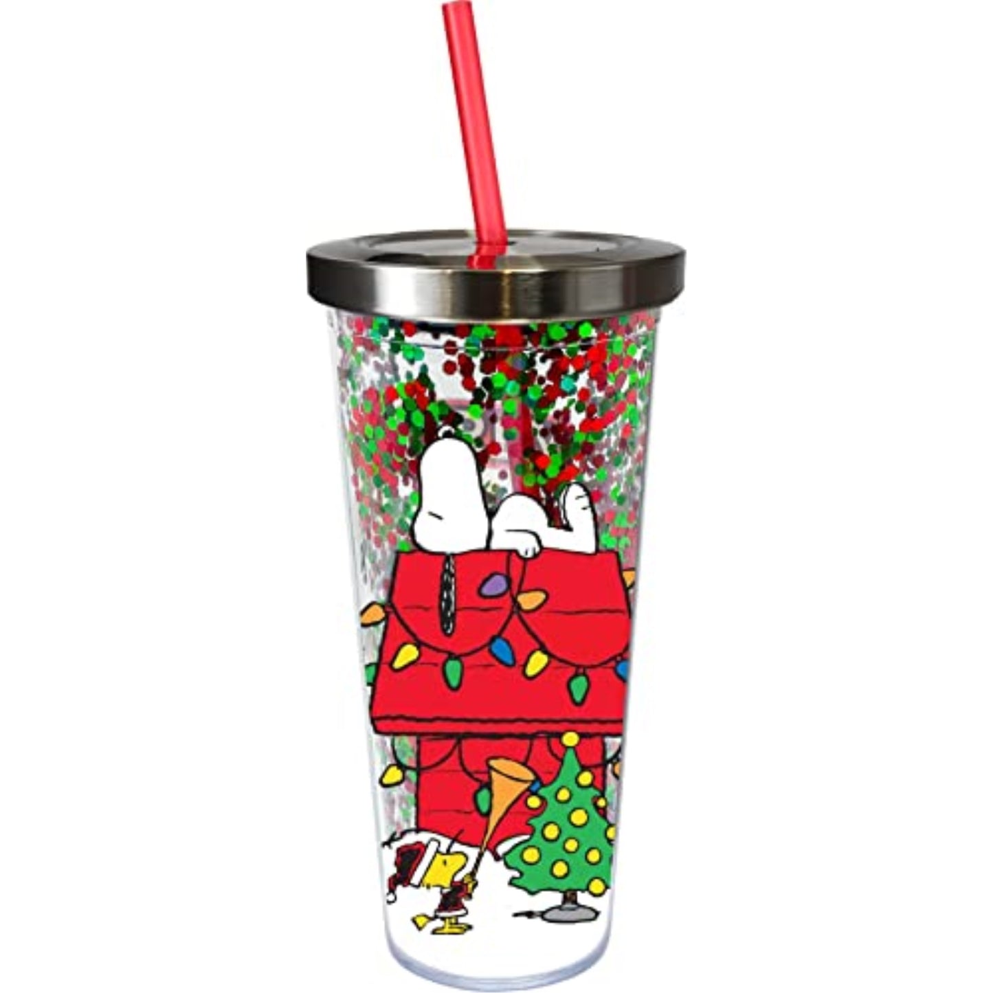 Spoontiques Peanuts Snoopy Christmas Double Walled Insulated Acrylic Tumbler Glitter Cup with Straw 20 ounce