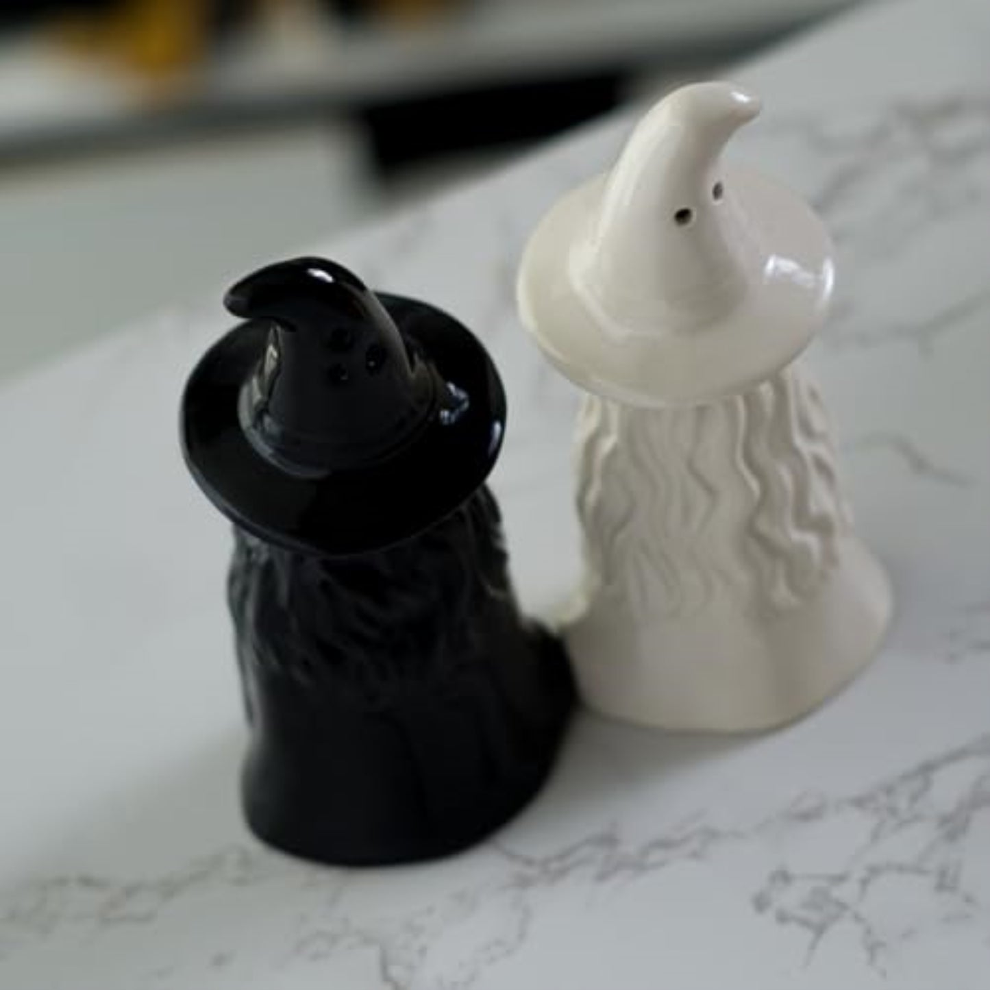 Mystical White and Black Ceramic Magnetic Witch Salt and Pepper Shaker Set