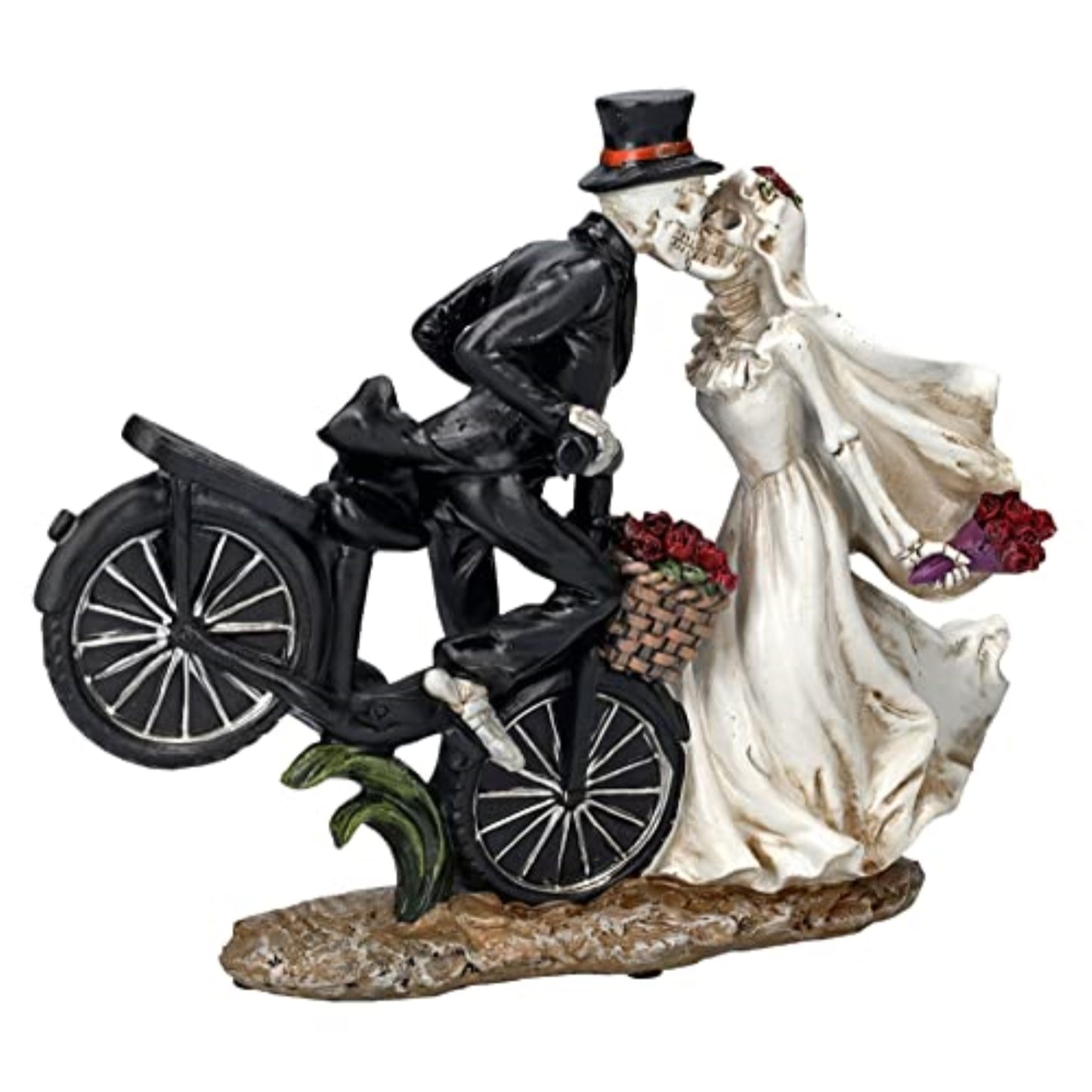 Love Never Dies Newly Wed Skeleton Couple Kissing Rose Basket Bike Statue 12.2 inch Tall