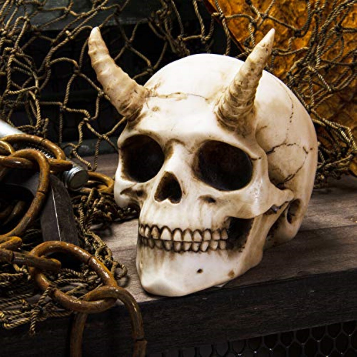 Devil Horned Skull Demon Skull Resin Miniature Figurine 3.75 Inch