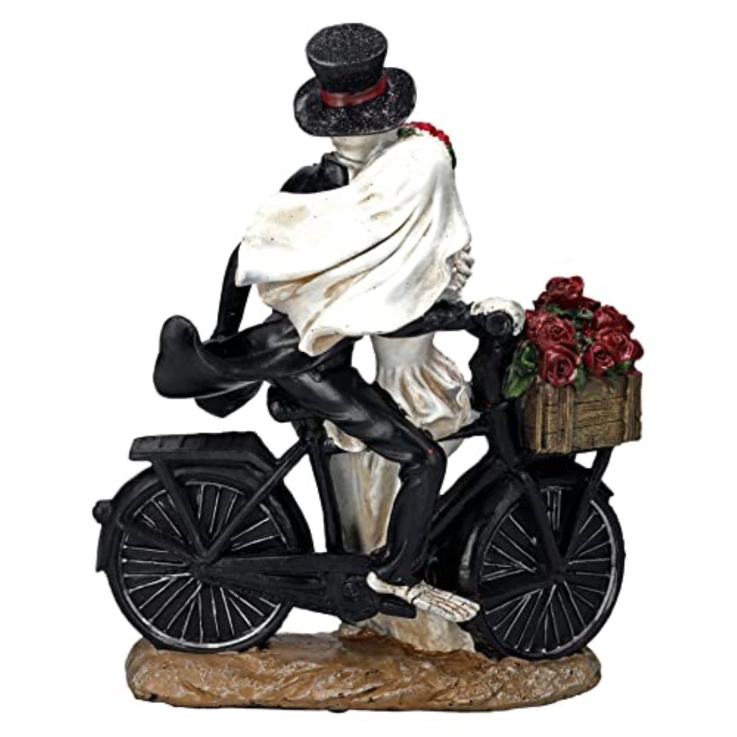 Love Never Dies Newly Wed Skeleton Couple Rose Basket Bike Statue 12.2 inches Tall