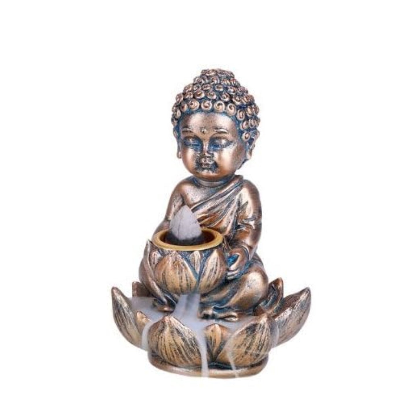 Zen Collection Mini Monk Buddha Backflow Incense Holder Burner Lotus Flower Design with Waterfall Effect Resin