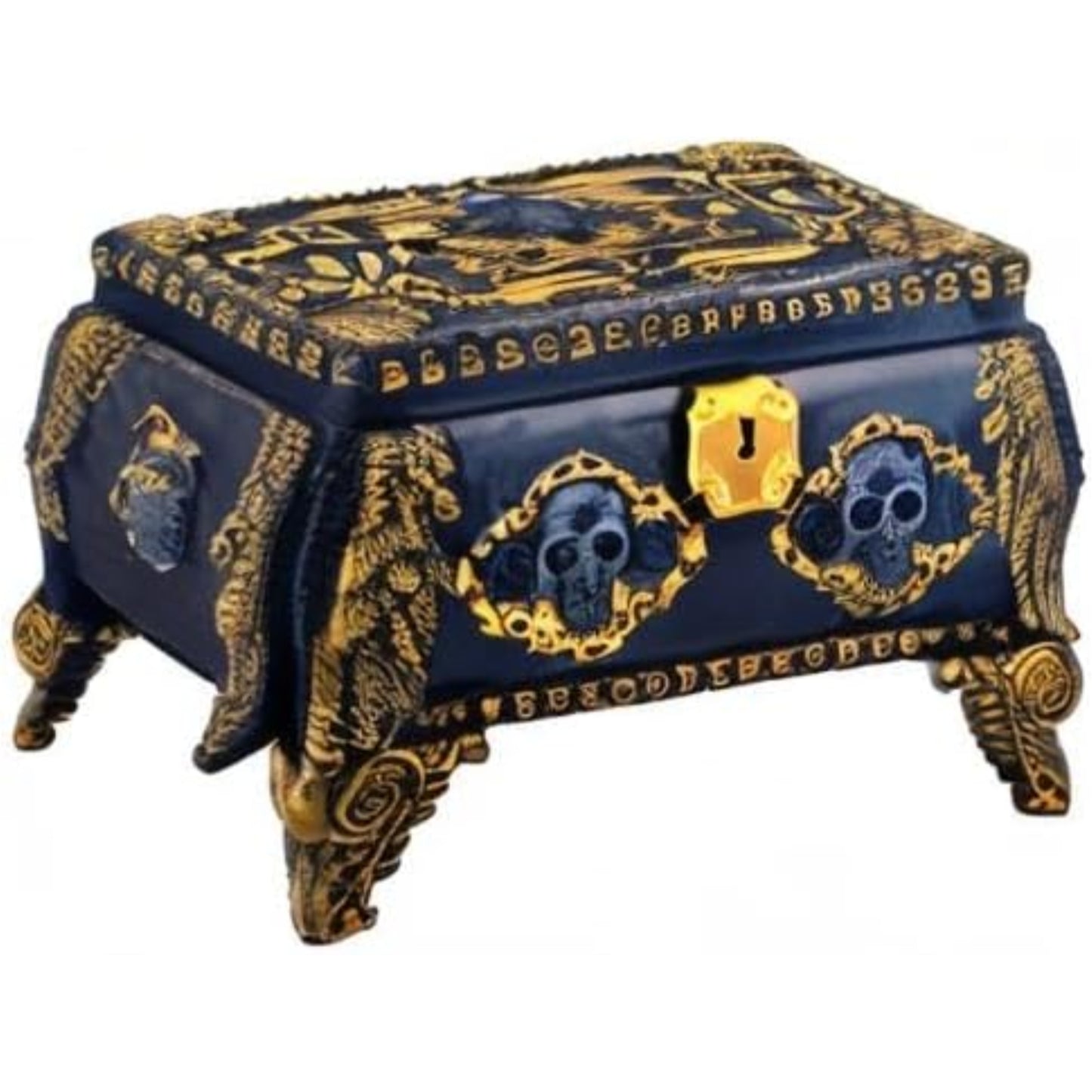 Gold and Black Skull Jewelry Trinket Keepsake Holder Box Container with Mirror Inside 4 x 2.25 inch
