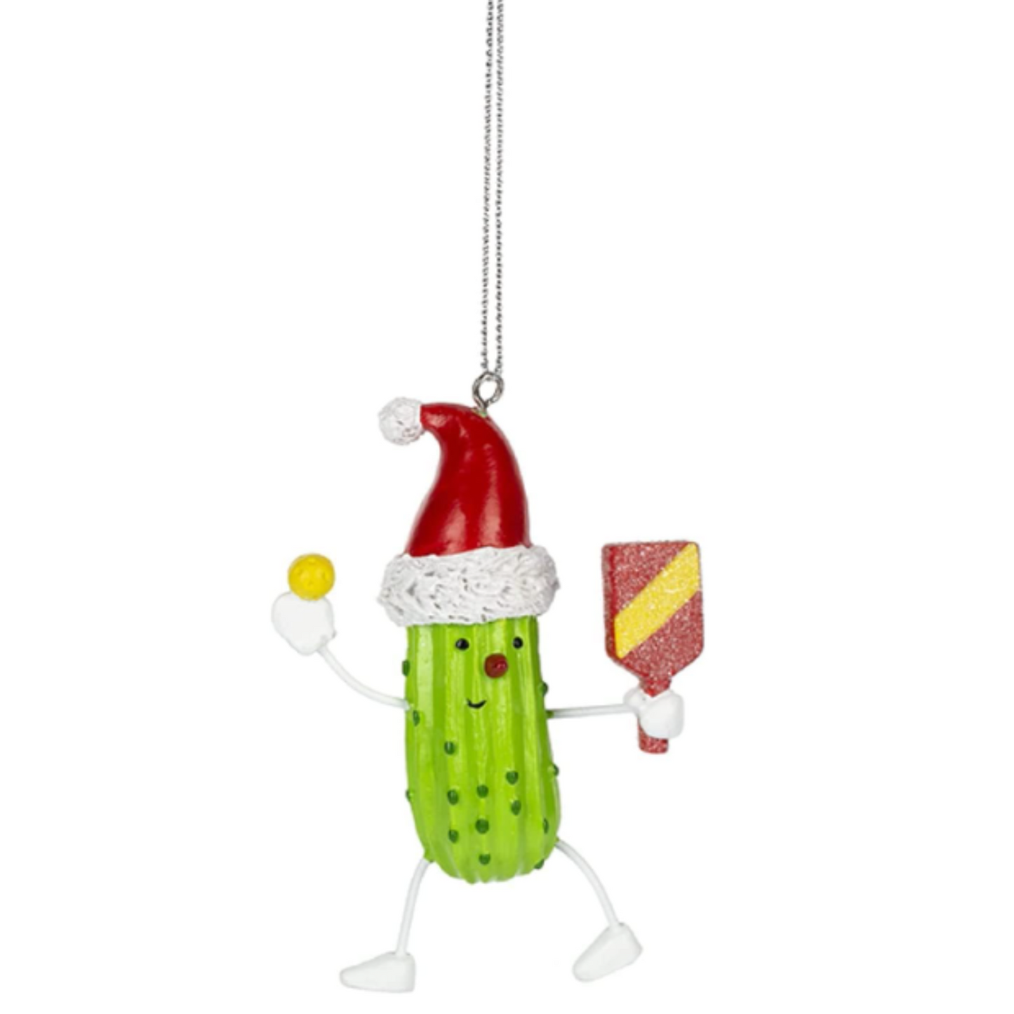 Pickle Playing Pickleball with Santa Hat Christmas Tree Ornament