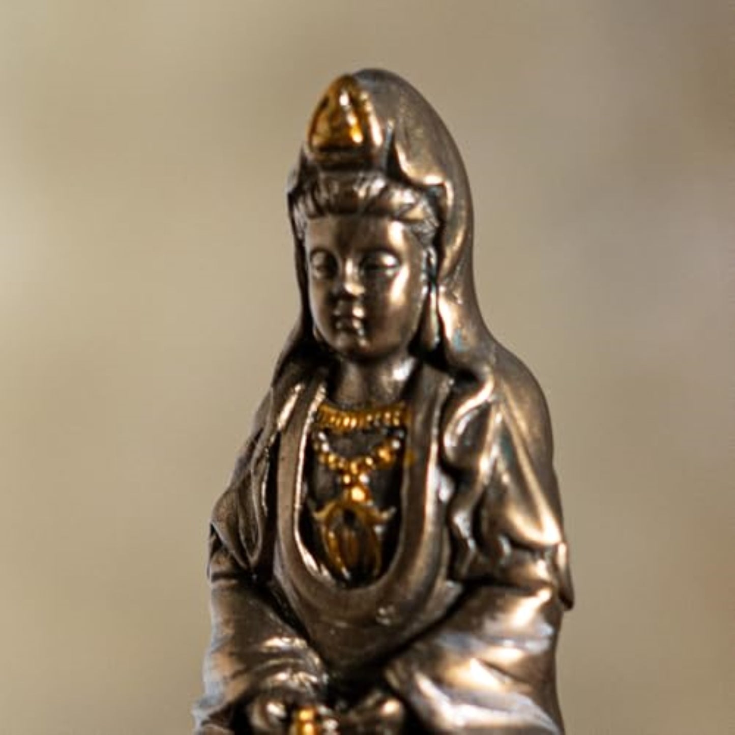 Small Sitting Lotus Kuan Yin Bronze Color Resin Statue Figurine 3.4 inch