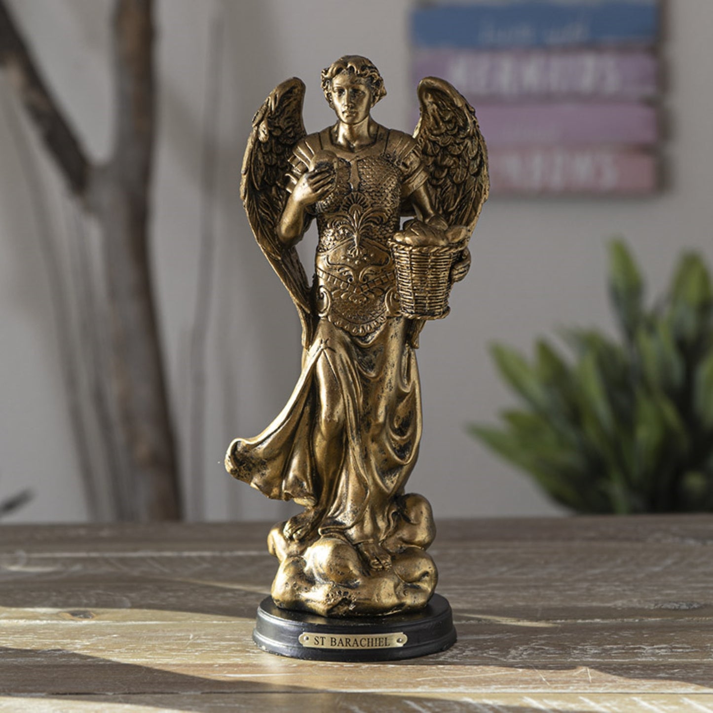 St. Barachiel Archangel Blessings from God Figurine 8 Inch Tall Wooden Base with Brass Name Plate