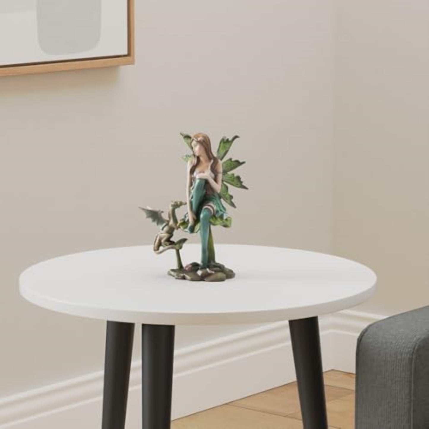 Green Winged Fairy Sitting with Baby Dragon Statue Figurine 10 inch