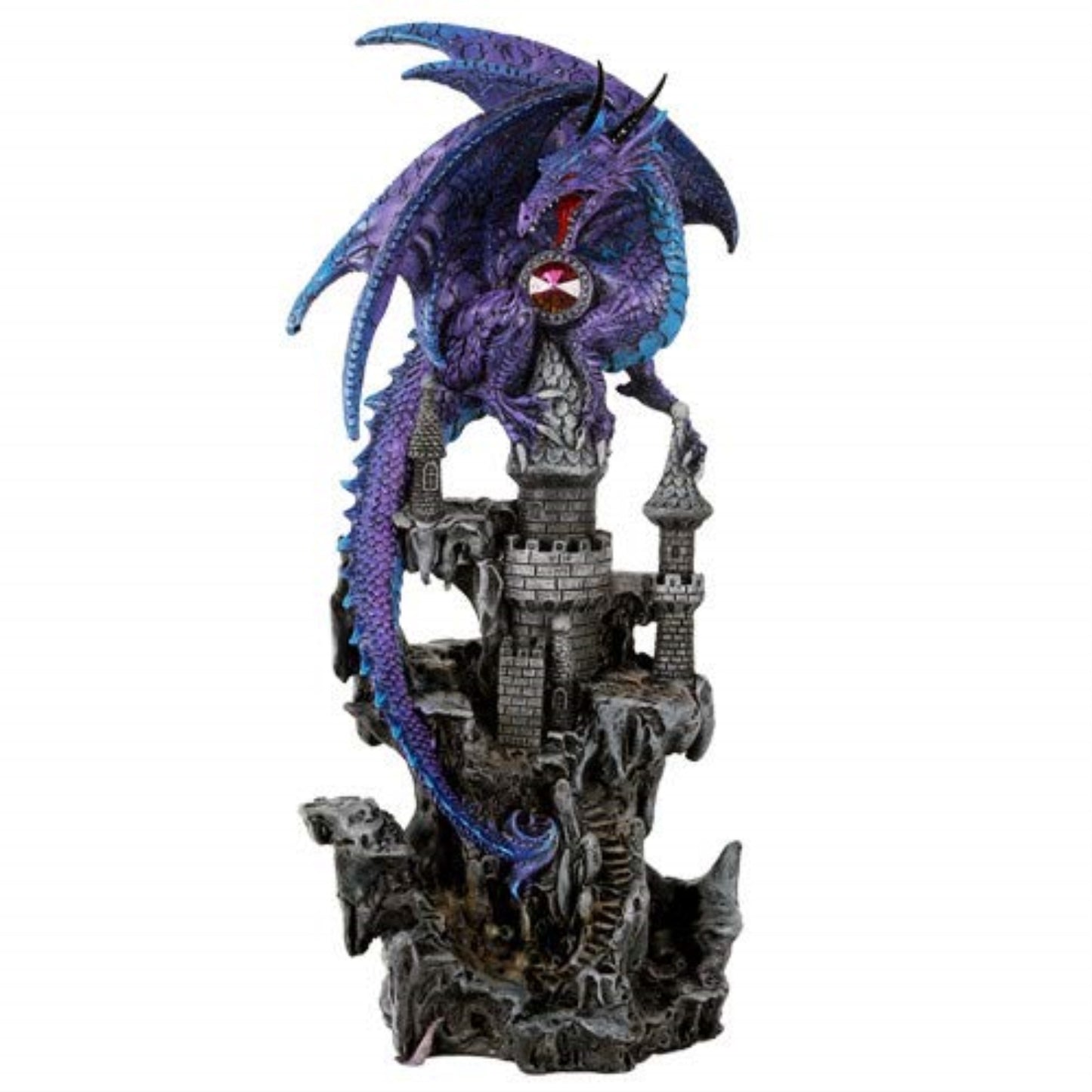 Purple Guardian Dragon Protecting Castle with Rhinestone Rock Crystal Figurine 11.75 inch