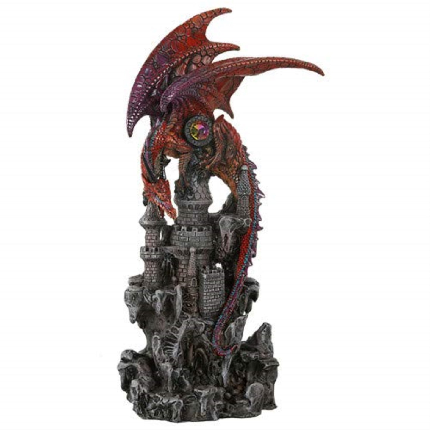 Red Guardian Dragon Protecting Castle with Rhinestone Rock Crystal Figurine 12.75 inch