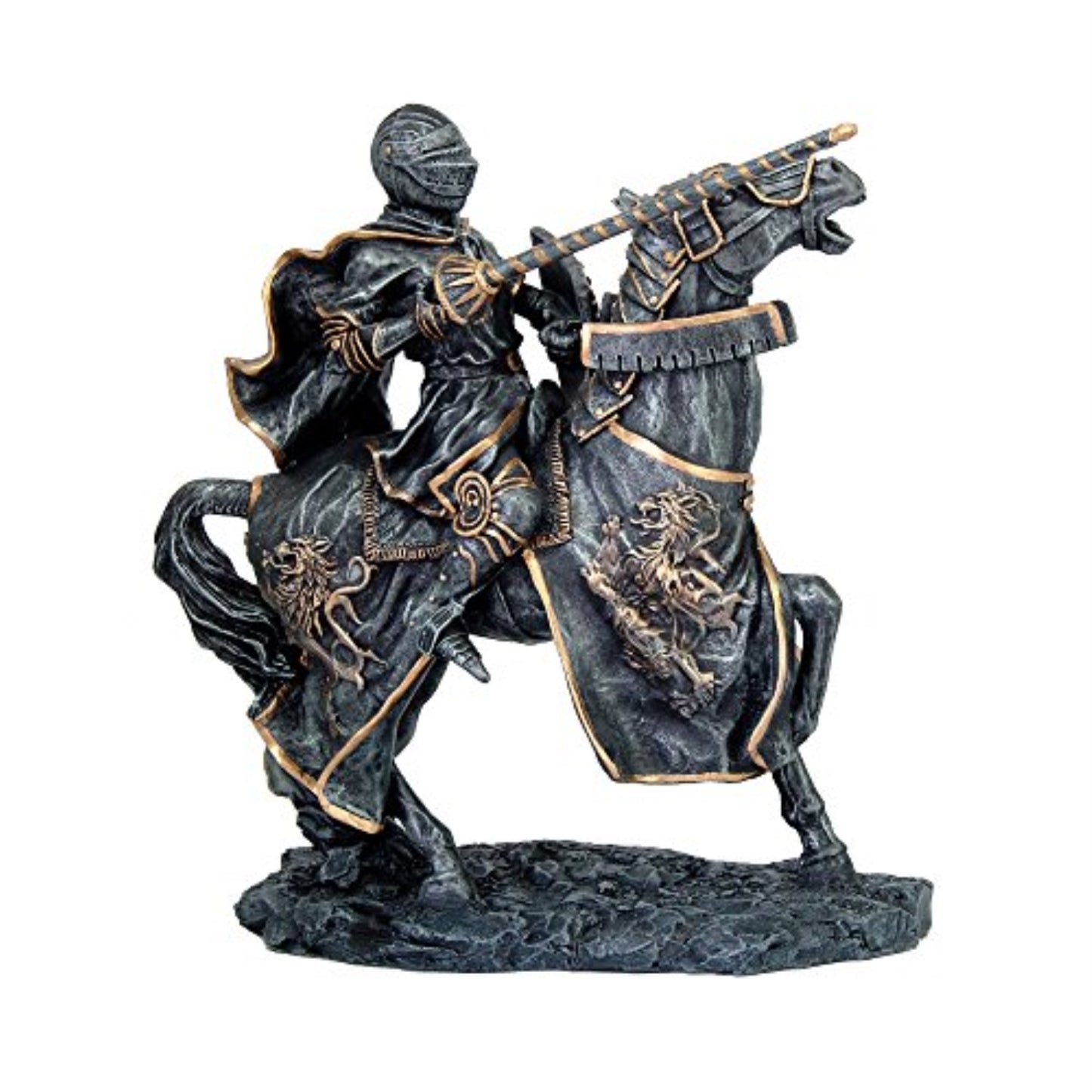 Medieval Fantasy Calvary Knight on Battle Horse Ready for Jousting Gray Finish with Gold Accent Figurine 10 x 10.6 inch
