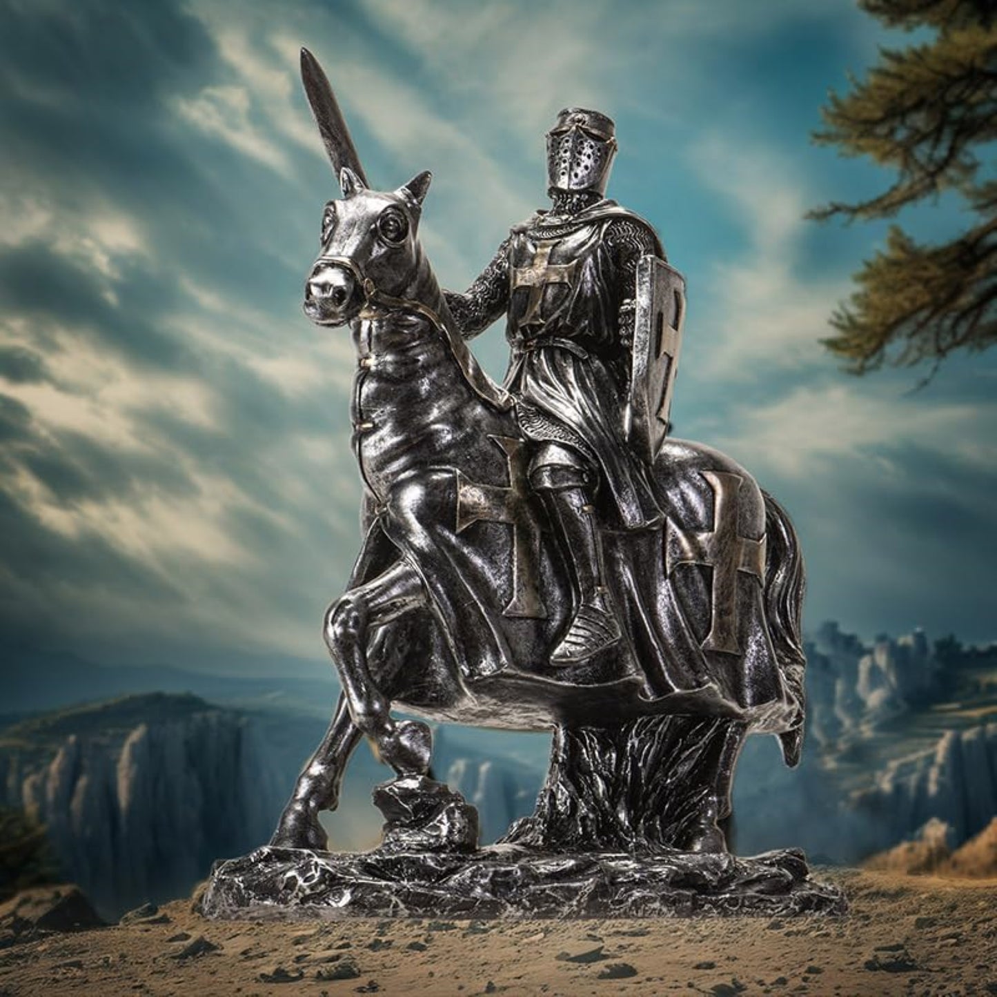 Medieval Knight on Horseback with Sword and Shield Figurine Armor and Cross Emblems 8 inch