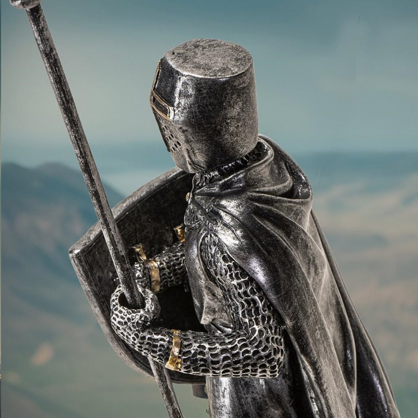 Medieval Knight Figurine with Spear and Shield Detailed Resin Decor 7.2 inches tall
