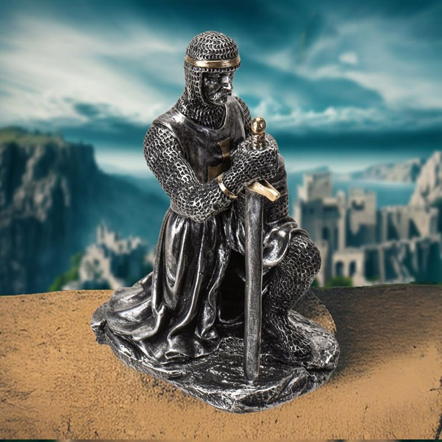 Kneeling Medieval Knight Figurine with Sword and Shield Detailed Resin Decor 6.1 inches Tall