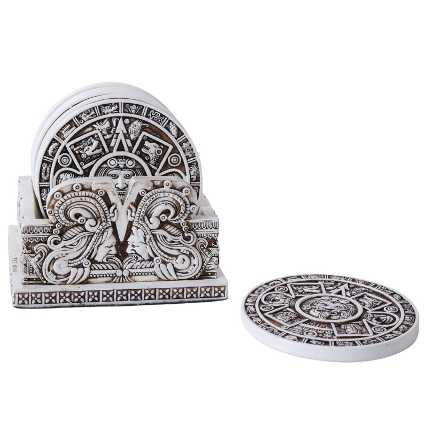 Aztec Solar Xiuhpohualli and Tonalpohualli Kitchen Coasters and Holder Maya Made from Resin