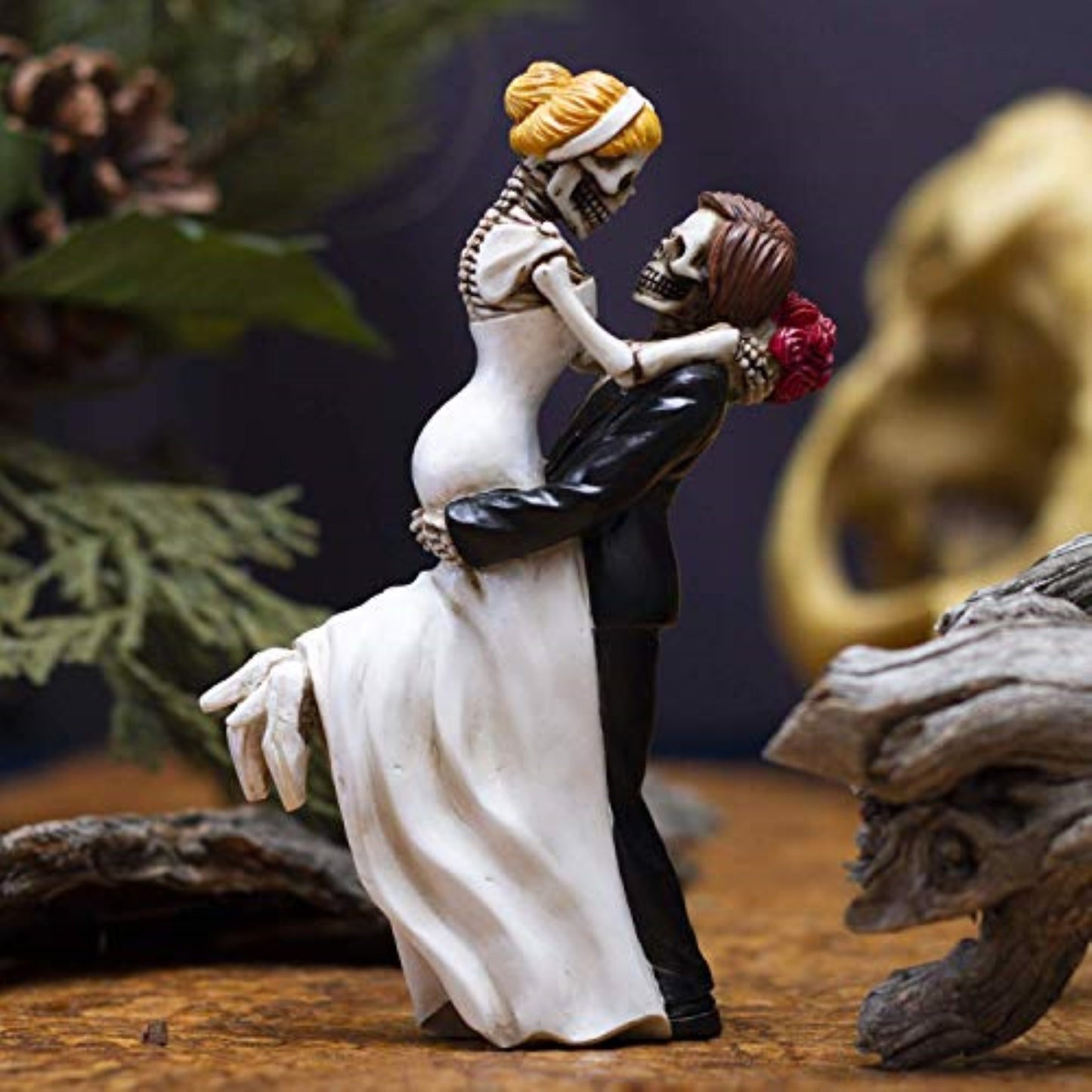 Love Never Dies Skeleton Bride and Groom Wedding Couple Resin Figurine 6.25 inch