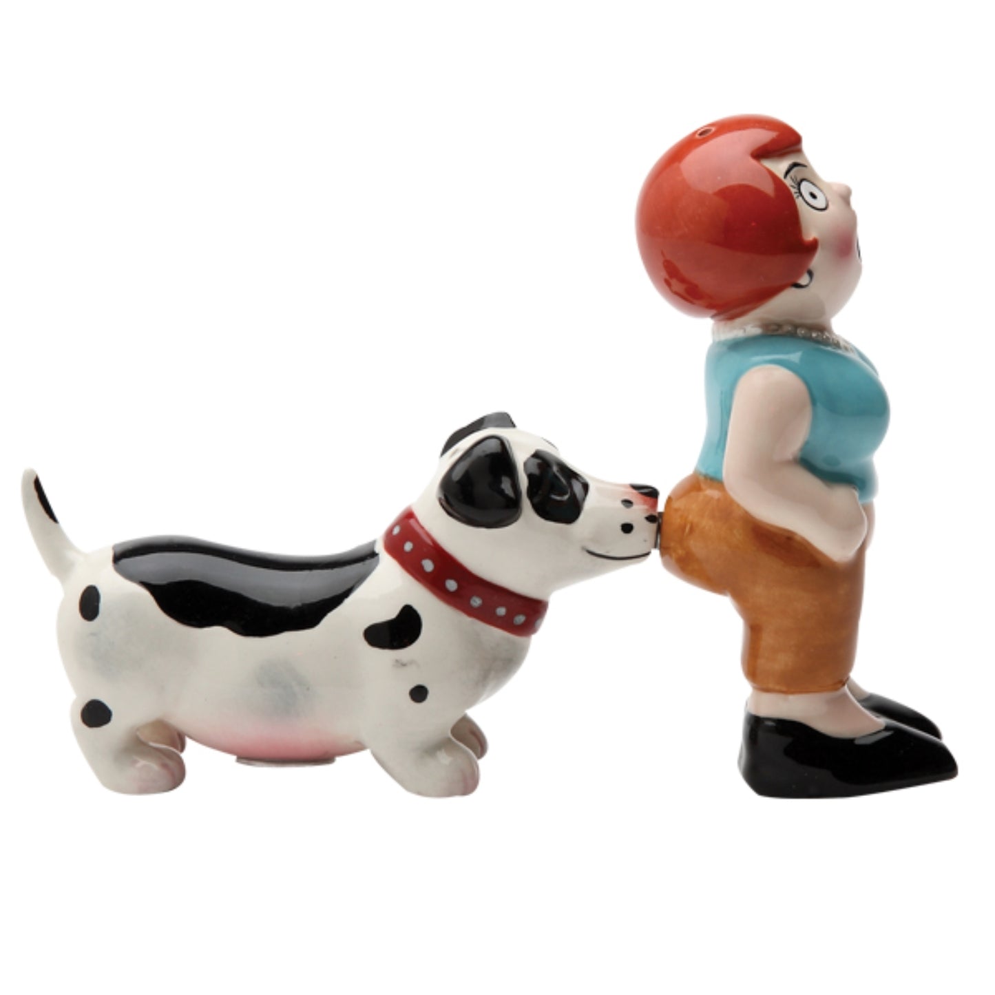 A Lady and A Tramp Magnetic Ceramic Salt and Pepper Shaker Set Dog Biting Woman's Bum