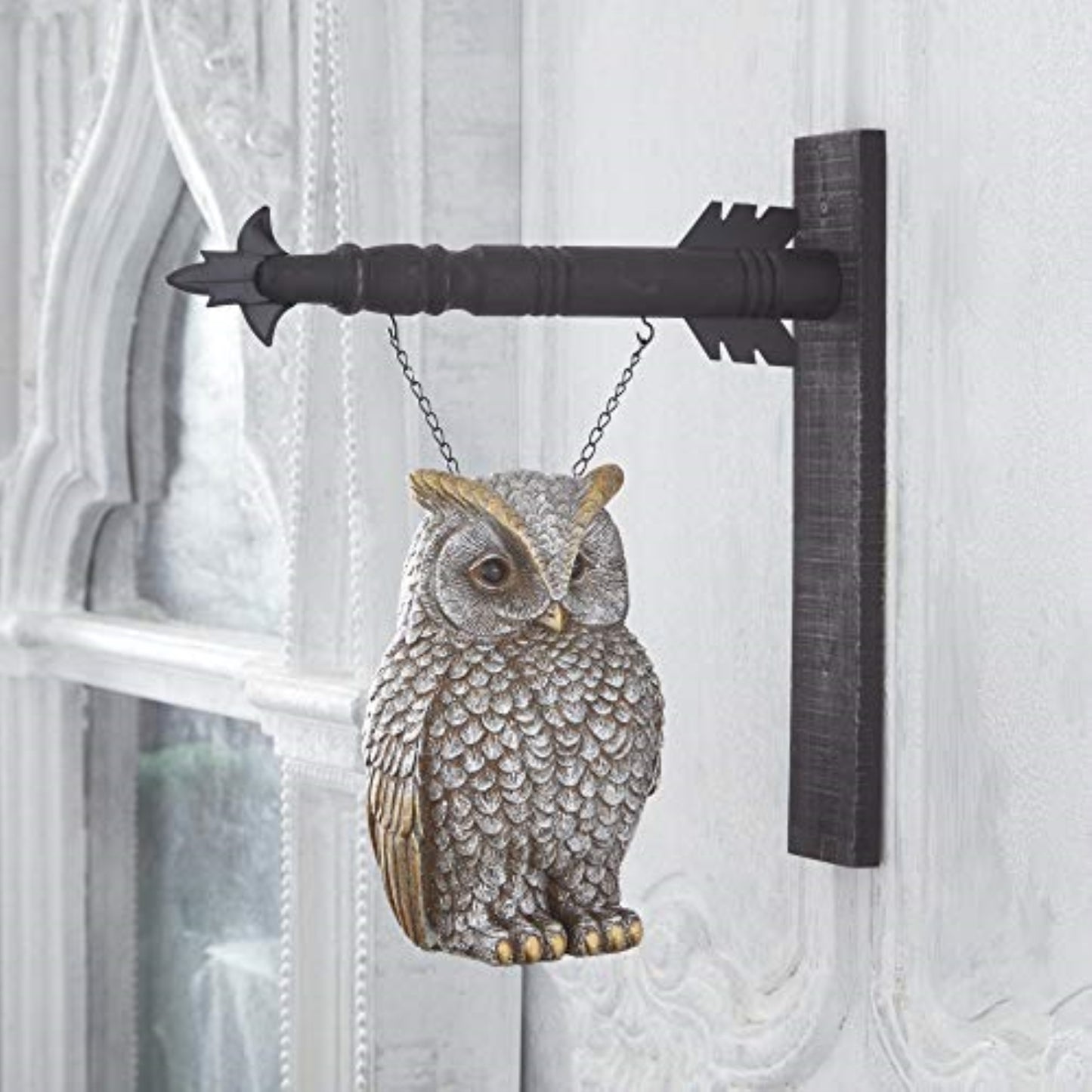 K&K Interiors Silver and Gold Metallic Resin Owl Arrow Replacement Sign 11.5 inch - Arrow Sold Separately