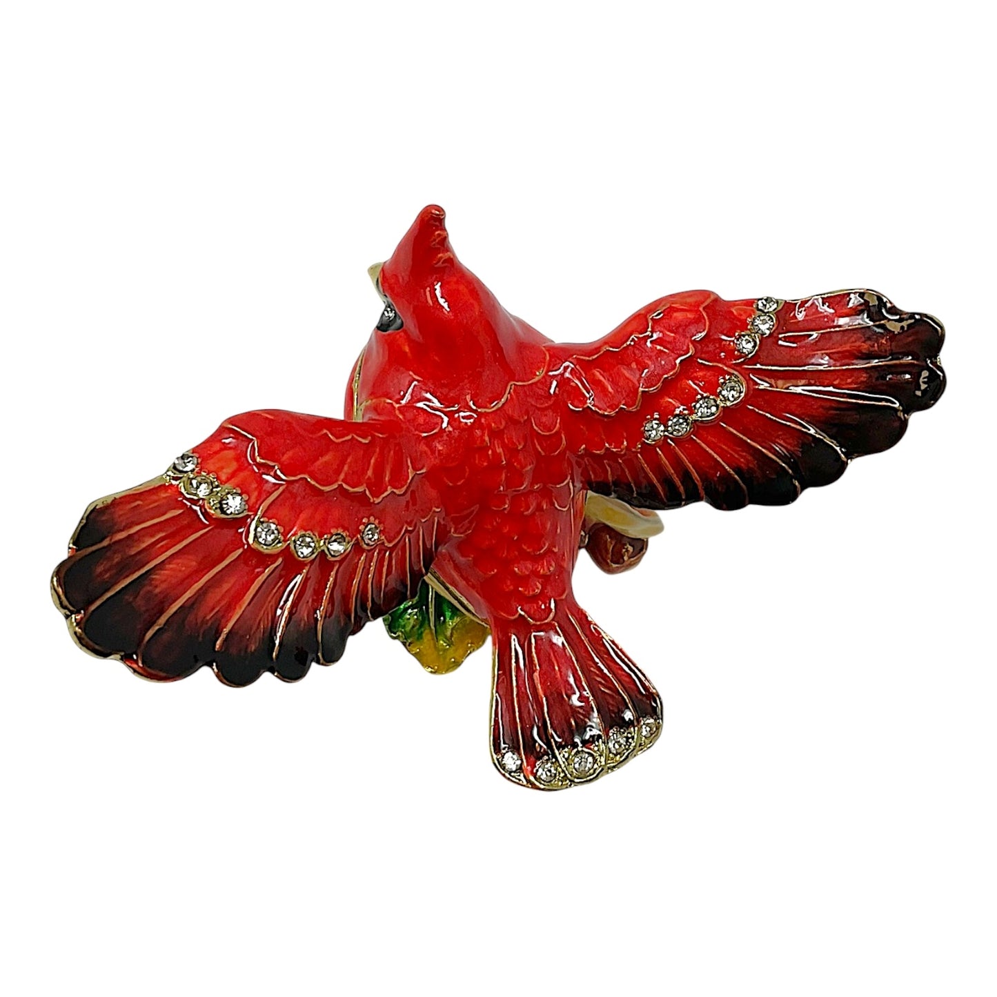 Red Flying Cardinal with Flower Bejeweled Enamel Bird Jewelry Trinket Keepsake Box 3.75 x 2.5 x 2.25 inch