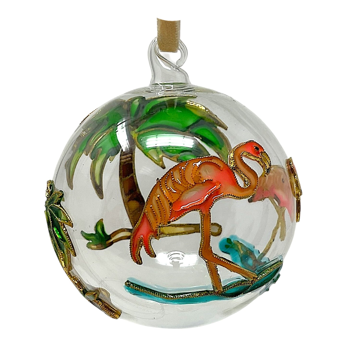 Flamingo with Palm Trees Cloisonne Glass Ball Christmas Tree Ornament 3 inch