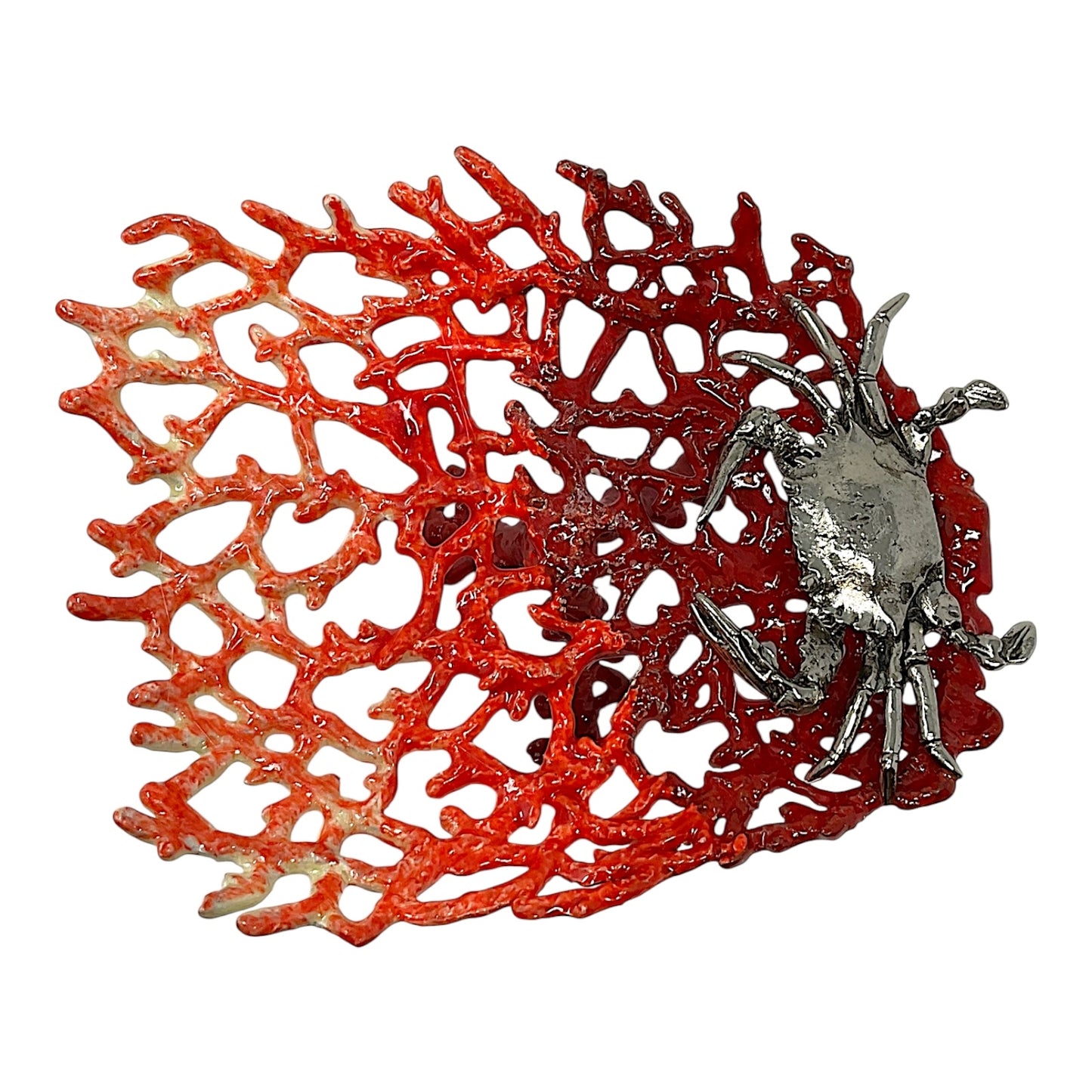 Red Enameled Coral with Pewter Crab Soap Dish Tray Holder 6 x 5 x 2 inch