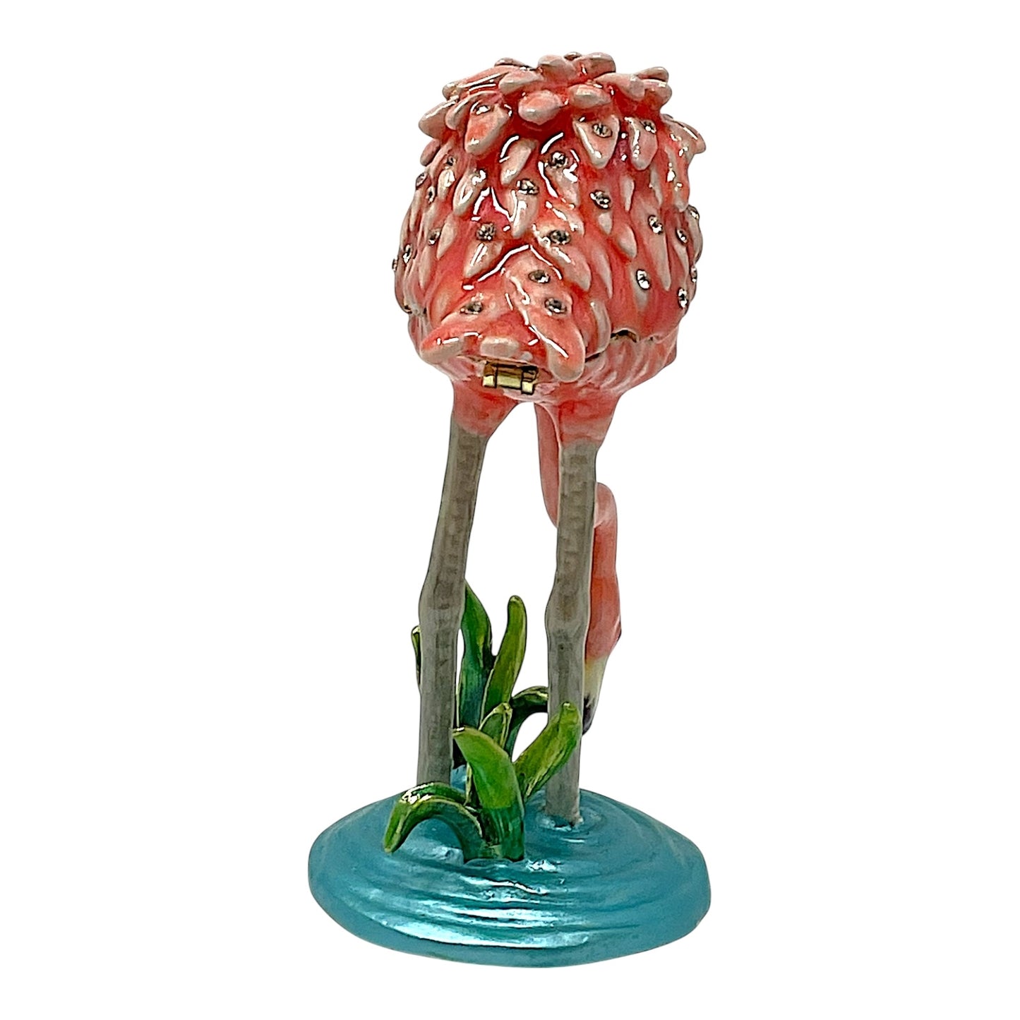 Pink Flamingo in the Water Enamel Bejeweled Jewelry Trinket Keepsake Box 2.25 x 3.3 inch