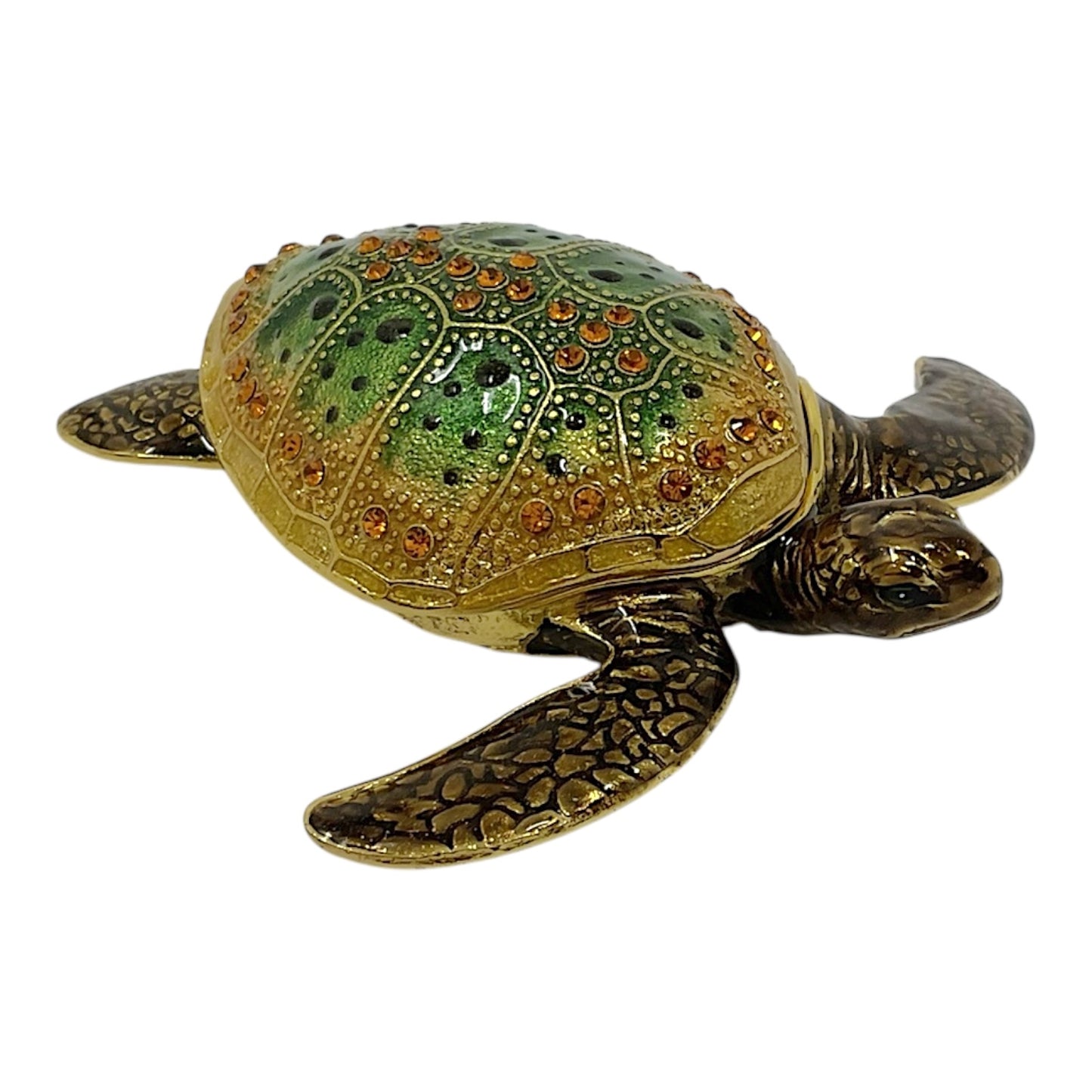 Green Sea Turtle Bejeweled Enamel Jewelry Trinket Keepsake Box Container 3 x 2.8 inch