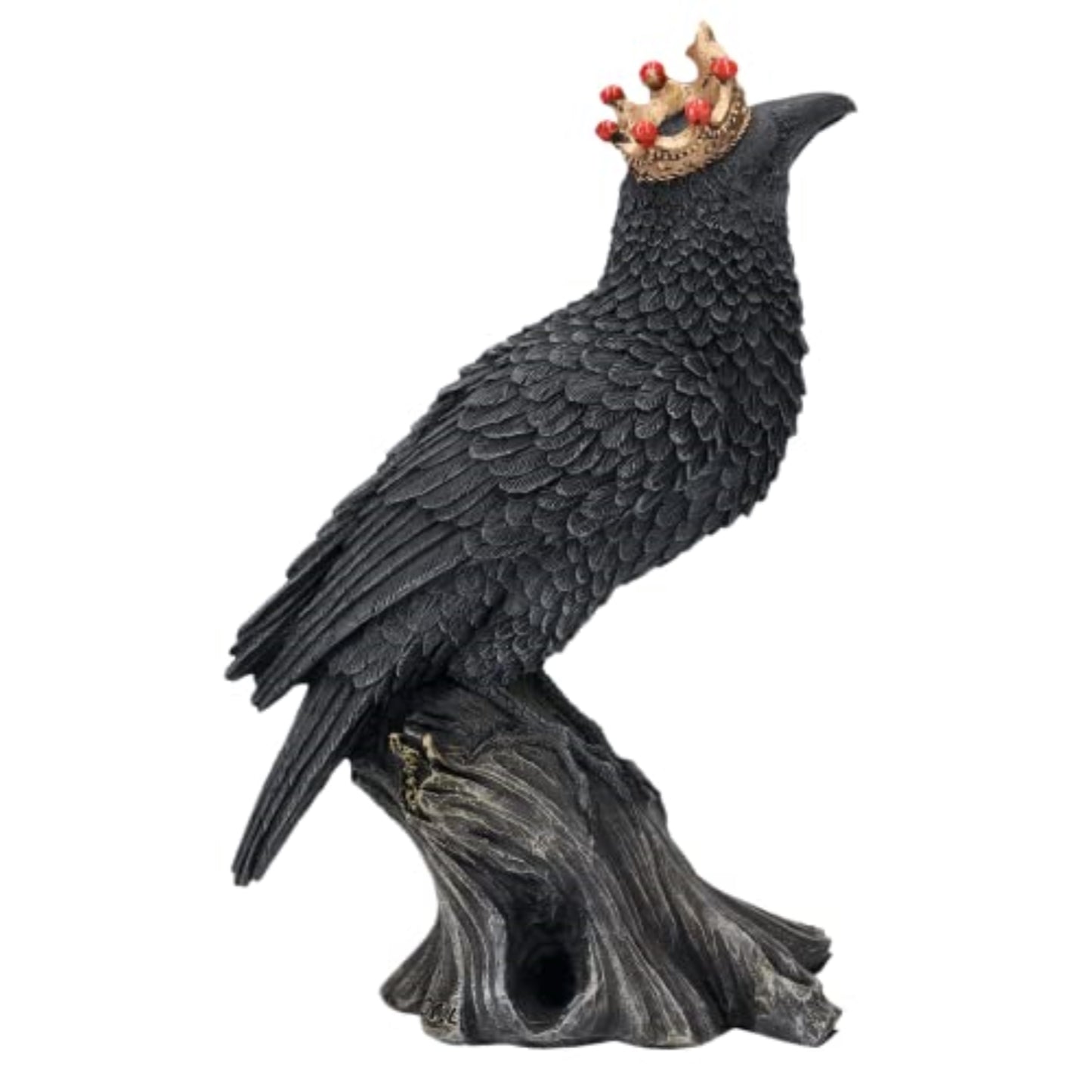 Gothic Raven King Figurine with Gold Crown Polyresin Black Birdon Tree Stump 6.5 Tall Halloween Home Decor