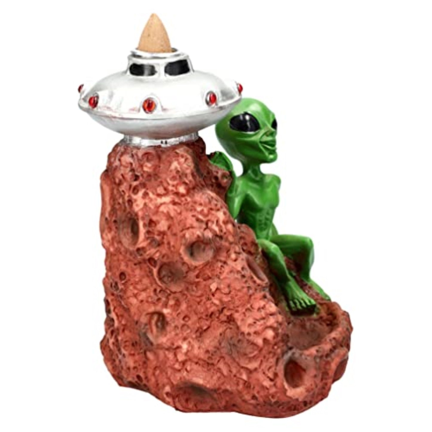 Green Alien with UFO Spaceship Backflow Incense Burner Waterfall Incense Holder 6.2 inch