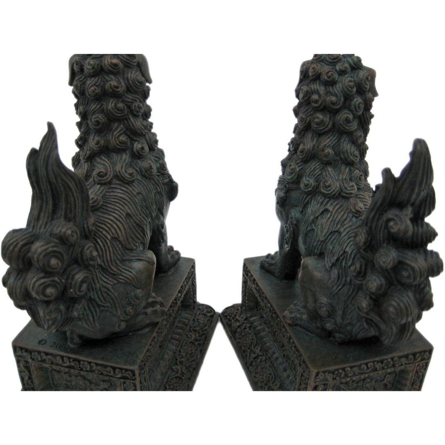 Pair of Chinese Lions Stone Guardian Statue on Engraved Base Statue Bookends