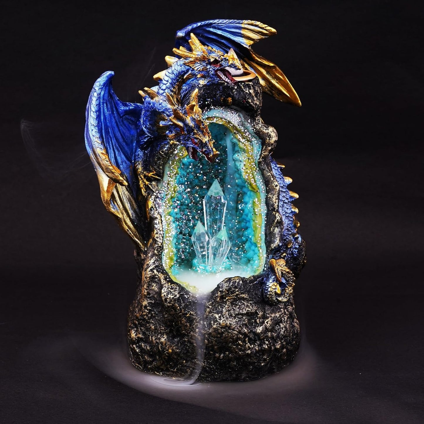 Fantasy Gifts Blue Dragon LED Crystal Geode Backflow Burner Accent with Color-Changing LED for Meditation