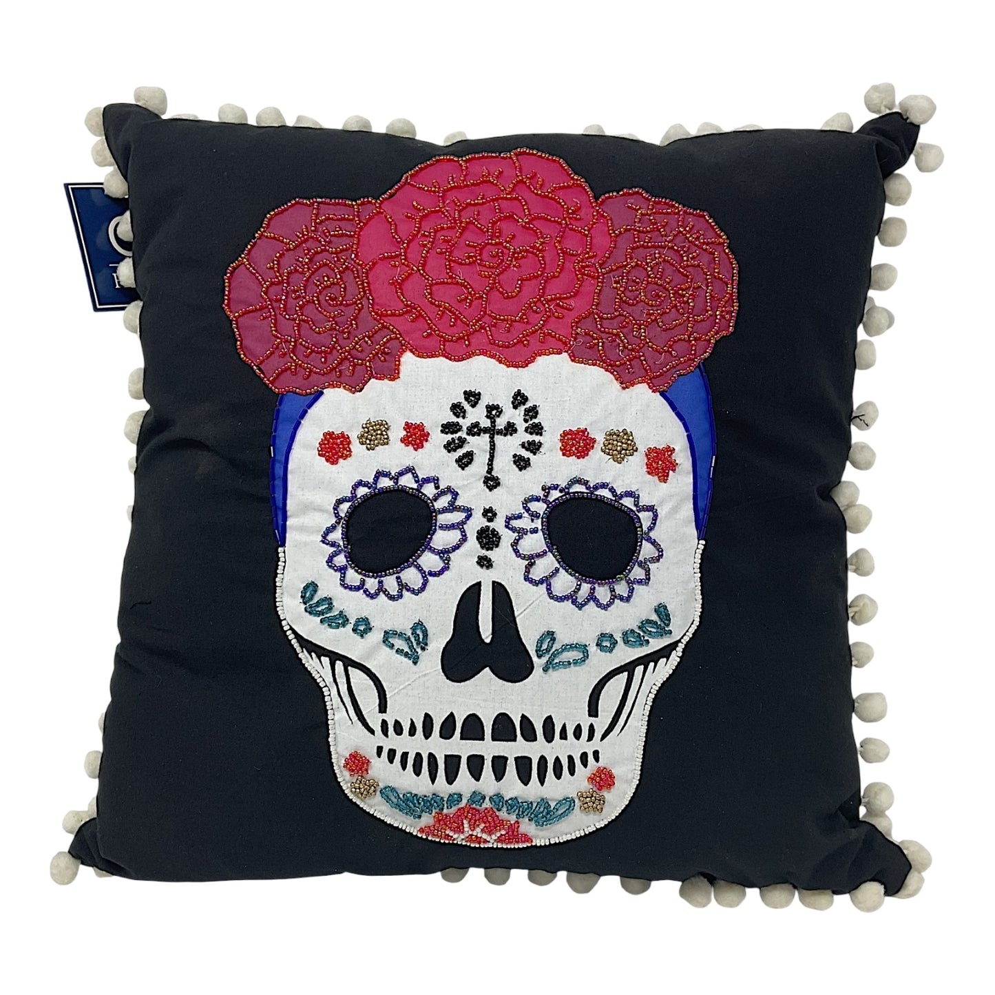 Day of the Dead Sugar Skull Calavera Cotton Beaded Throw Pillow 16 Inches