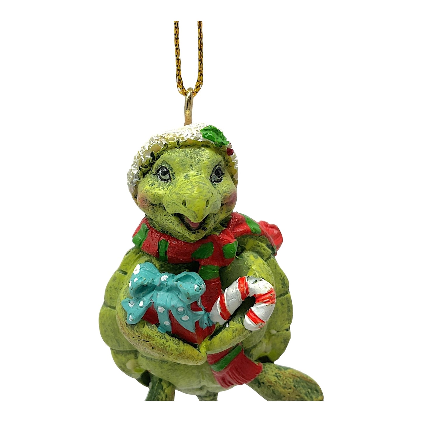Beachcombers Turtle Holding Present and Candy Cane with Hinged Legs Resin Christmas Tree Ornament 3 inch