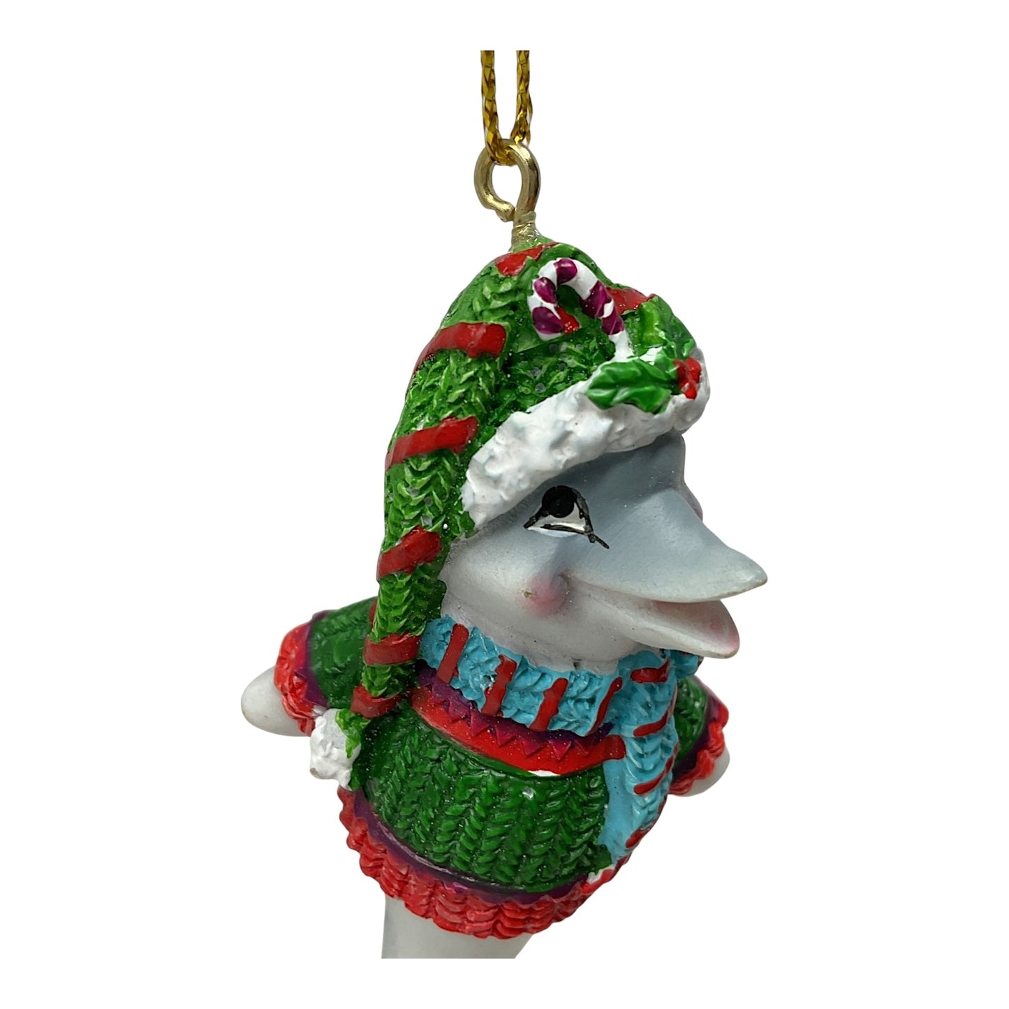 Beachcombers Dolphin in Festive Sweater and Hat with Hinged Tail Resin Christmas Tree Ornament 3 inch