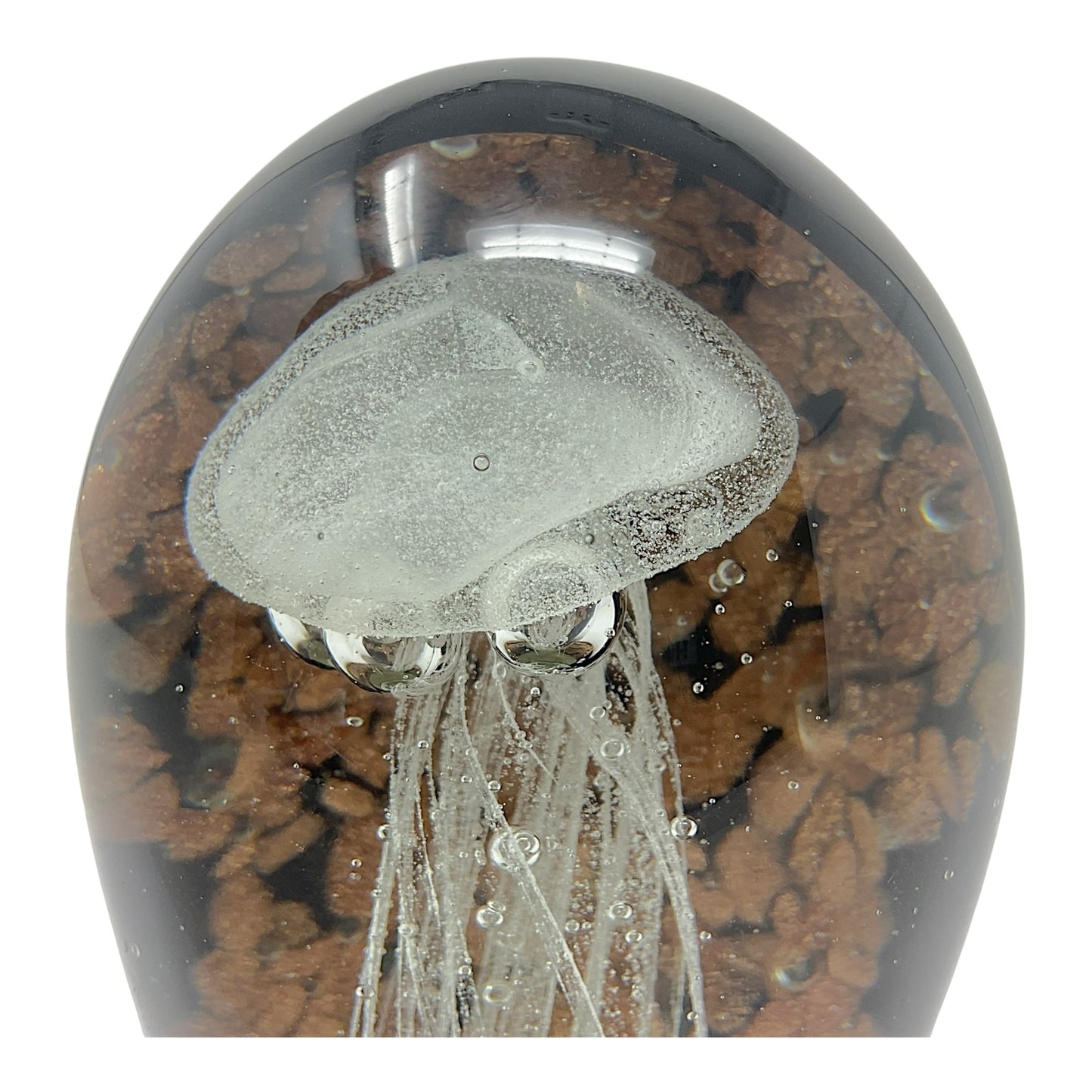 White Jellyfish with Copper and Black Background Back Glow in the Dark Glass Paperweight Decoration 4.5 inch