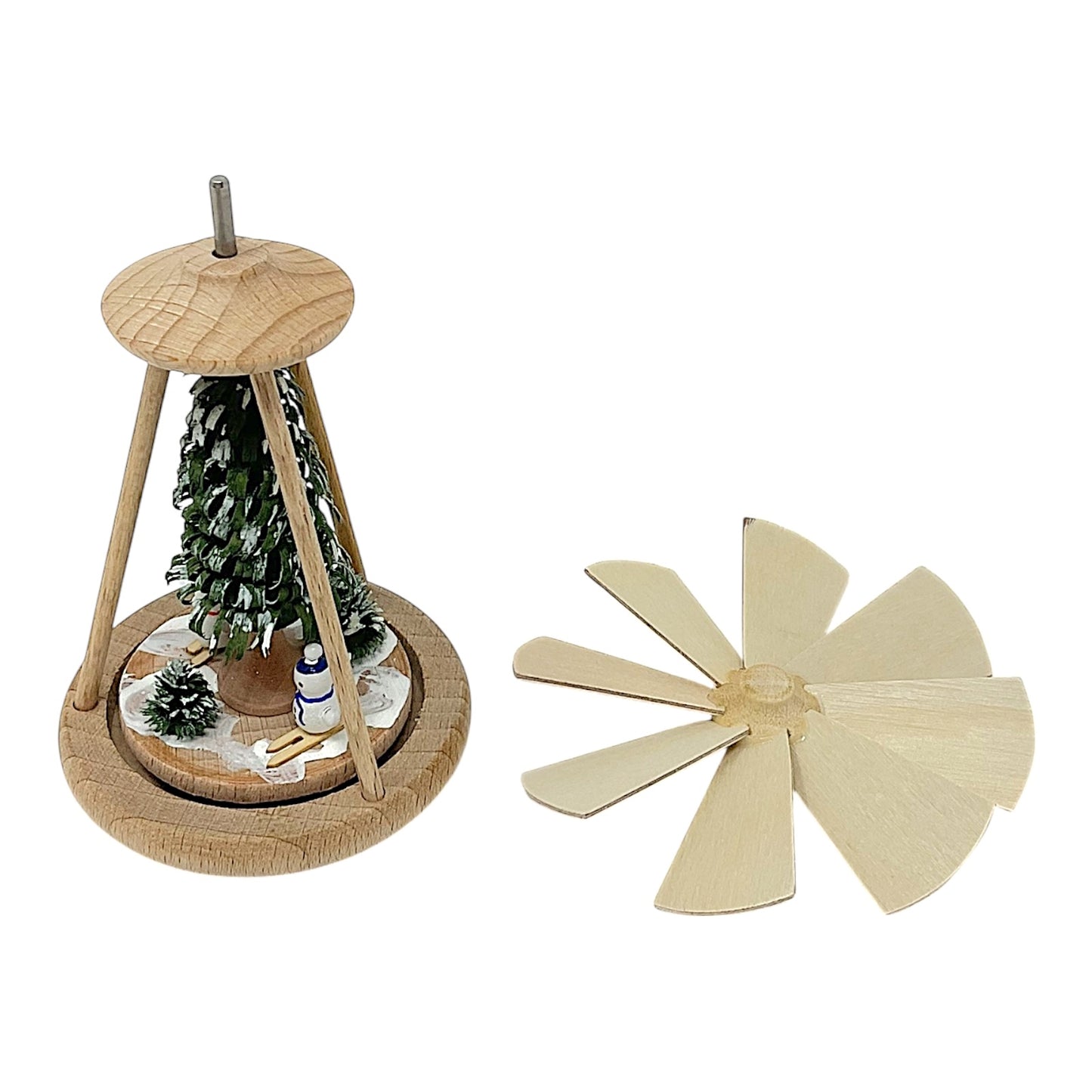 Pinnacle Peak Trading German Wood Mini Pyramid with Skiing Snowmen 3.9 inch Natural Color