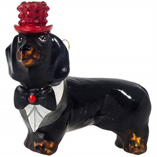 Joy to the World Black Dachshund with Crystal Top Hat and Tails Polish Glass Christmas Ornament