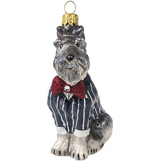 Joy to the World Grey Schnauzer in Tuxedo Polish Glass Christmas Ornament