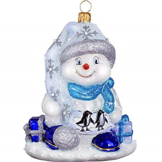 Joy to the World Glitterazzi Penguin Family Snowman Polish Glass Christmas Ornament