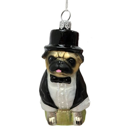 Pinnacle Peak Trading Pug Dog Wearing Tuxedo Polish Glass Christmas Ornament Pet Animal Decoration