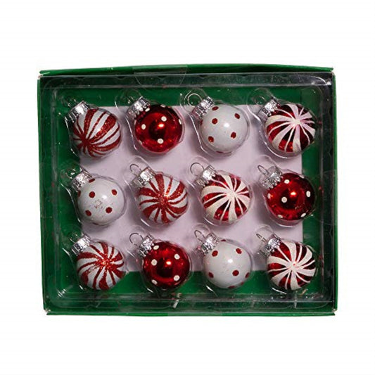 Kurt Adler 25mm Red and White Glass Deco Balls Miniature Christmas Tree Ornaments 12 piece set 1 inch