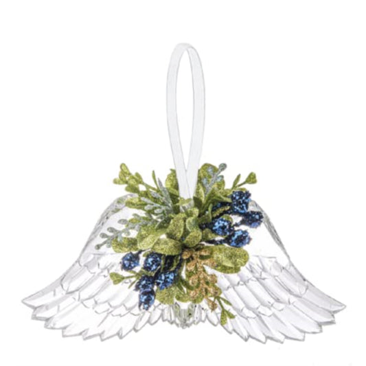 Ganz Blue Mistletoe Angel Wings Acrylic Christmas Tree Ornament 7.5 x 3 inches