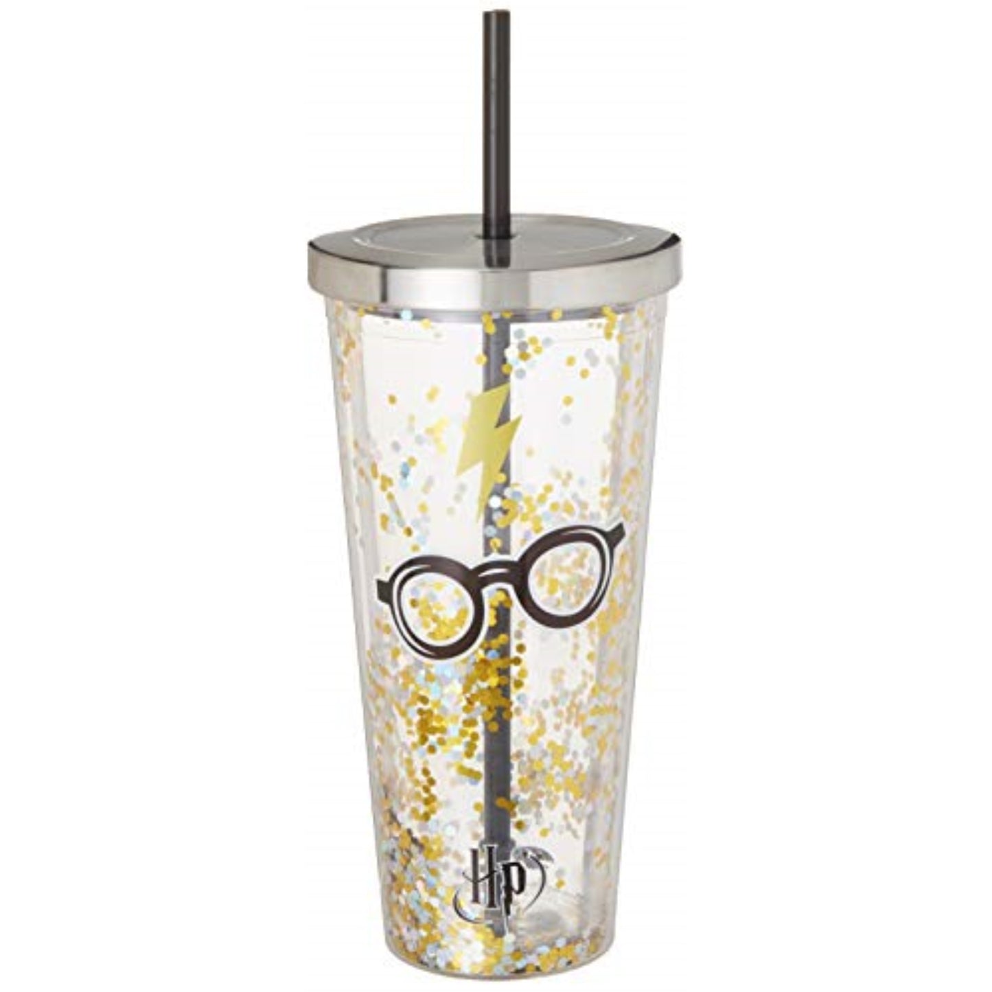 Spoontiques Harry Potter Glasses Double Walled Insulated Acrylic Tumbler Glitter Cup with Straw 20 ounce