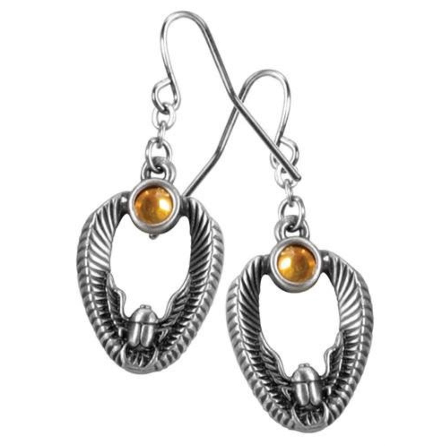 Silver Colored Center Winged Scarab Dangle Earrings with Orange Stone