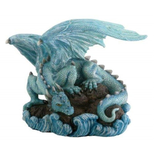 Blue Water Dragon on Rock Figurine Medieval Mythical Fantasy Creature Decoration