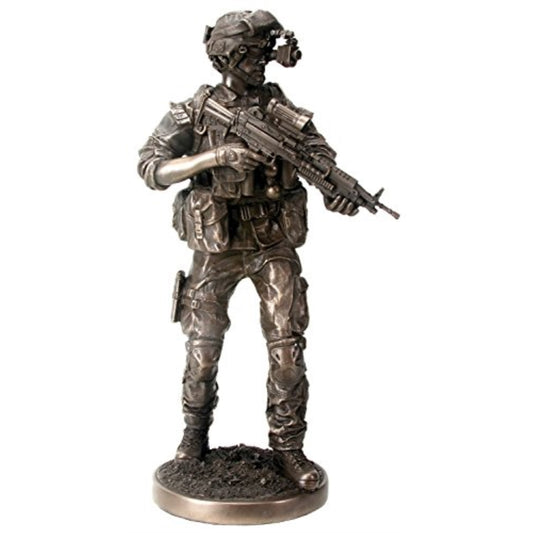 Metal Tone Night Mission Fighting Soldier with Gun Resin Statue Display 12.5 inch
