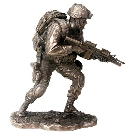 Metal Tone On The Move Fighting Soldier with Gun Resin Statue Display 9.5 inch
