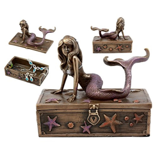 Mermaid on Seashell and Starfish Treasure Box Jewelry Trinket Keepsake Box 5.25 x 4.25 inch