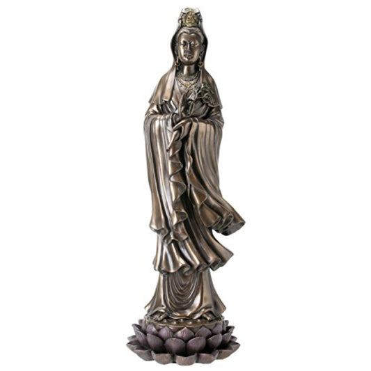Kuan Yin Buddhist Bodhisattva of Compassion Guan Yin Standing on Lotus Statue 16.25 inch