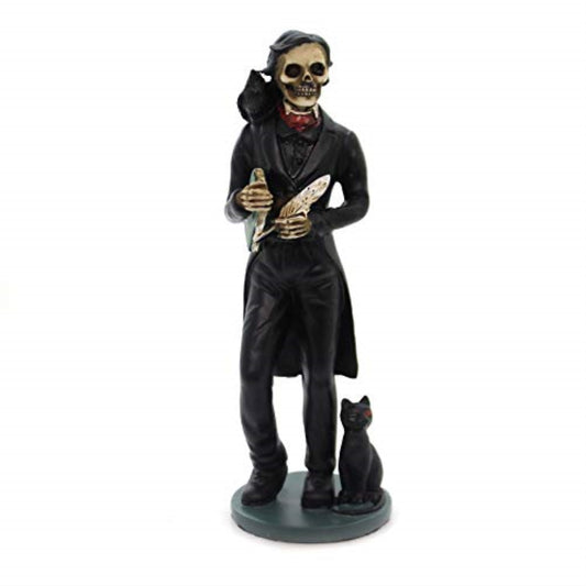 Gothic Day Of The Dead Edgar Allan Poe Statue With Raven Skeleton Figurine 5.5 inch